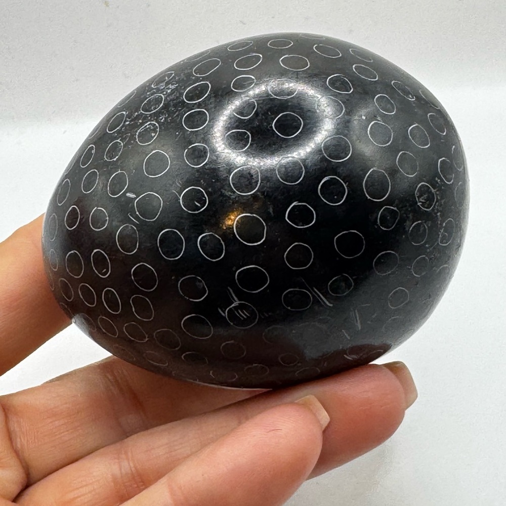 Besmo Stone Egg from Kenya Hand Carved Black with White Dot 3” Calming